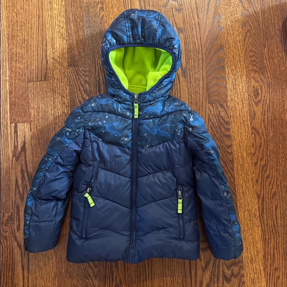 Navy and Neon Green Hooded Puffer Jacket